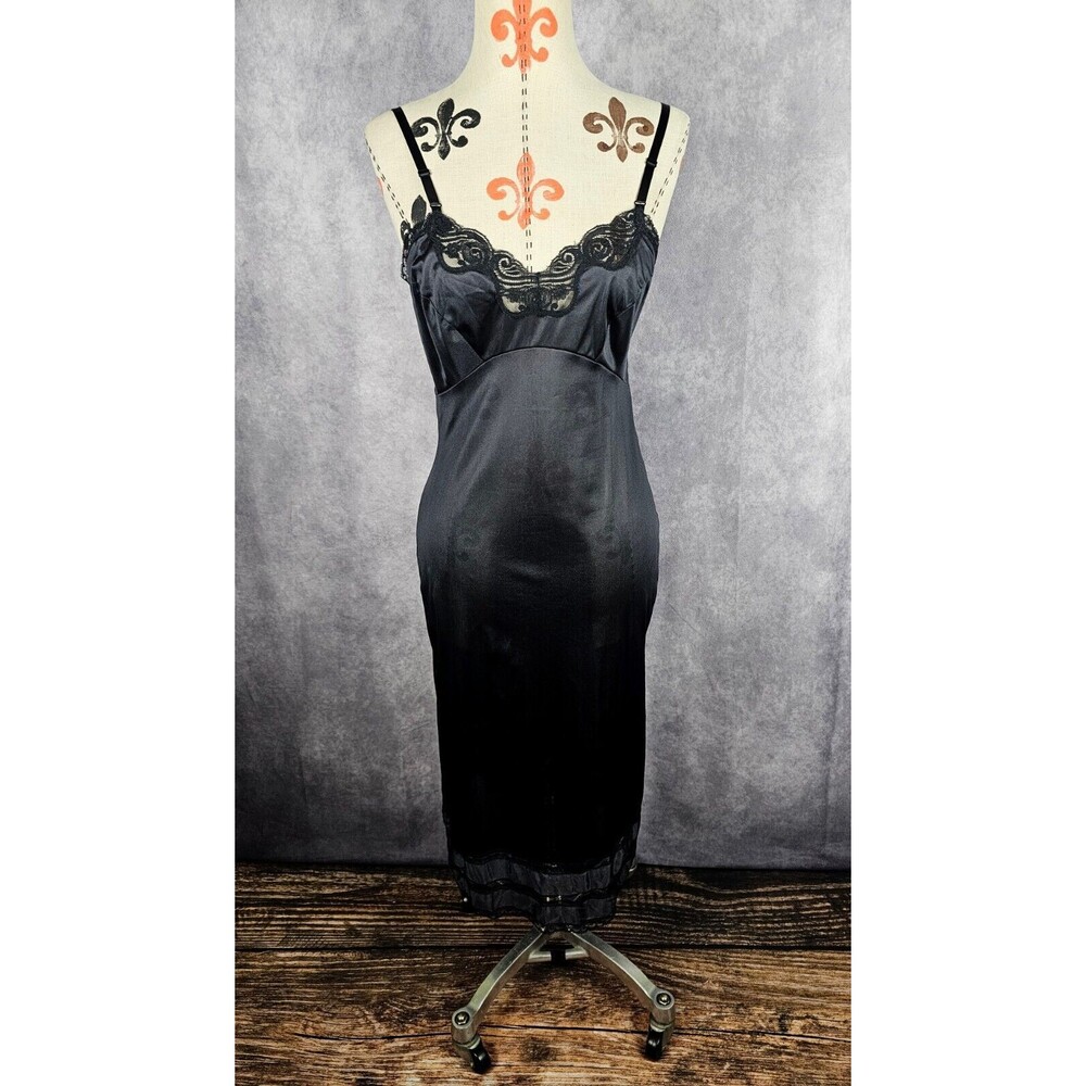 VTG Adonna JCPENNEY Black All Nylon Slip Nightgown Lace Trim Women Sz 32 USA EUC